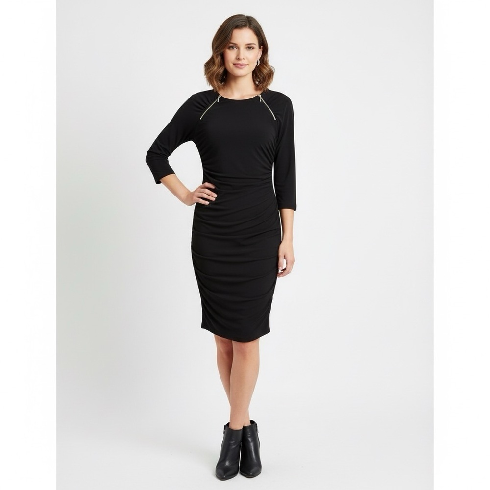 Banana Republic Black Fitted Ruching 3/4 Sleeve Midi Dress Size Medium
